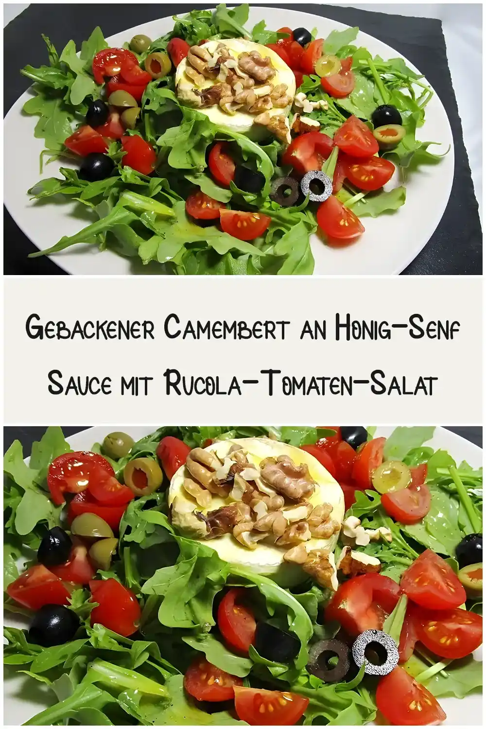 Gebackener Camembert an Honig-Senf-Sauce mit Rucola-Tomaten-Salat