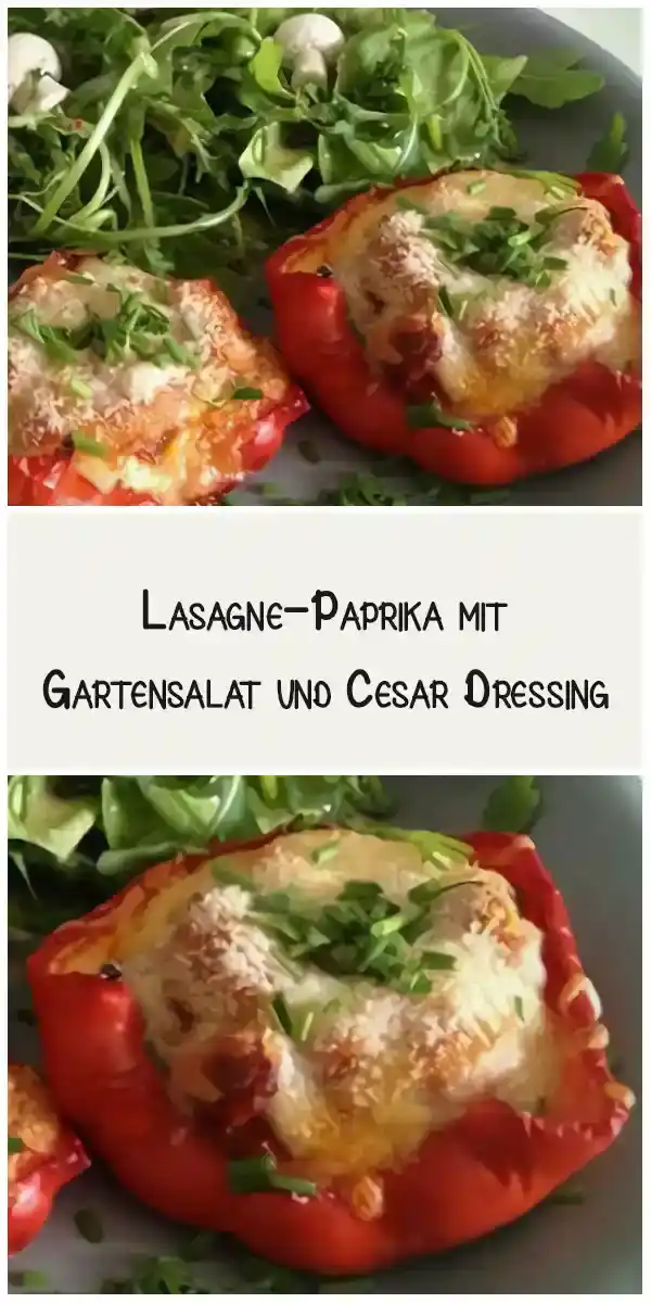Lasagne Paprika mit Gartensalat und Cesar Dressing