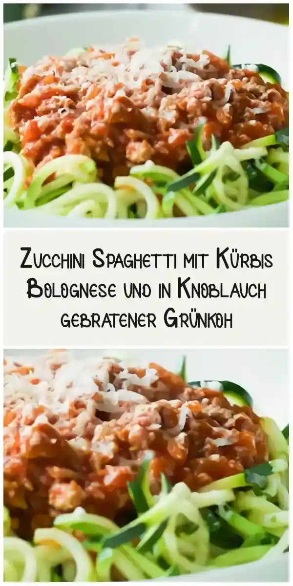 Zucchini Spaghetti mit Kürbis Bolognese und in Knoblauch gebratener Grünkoh