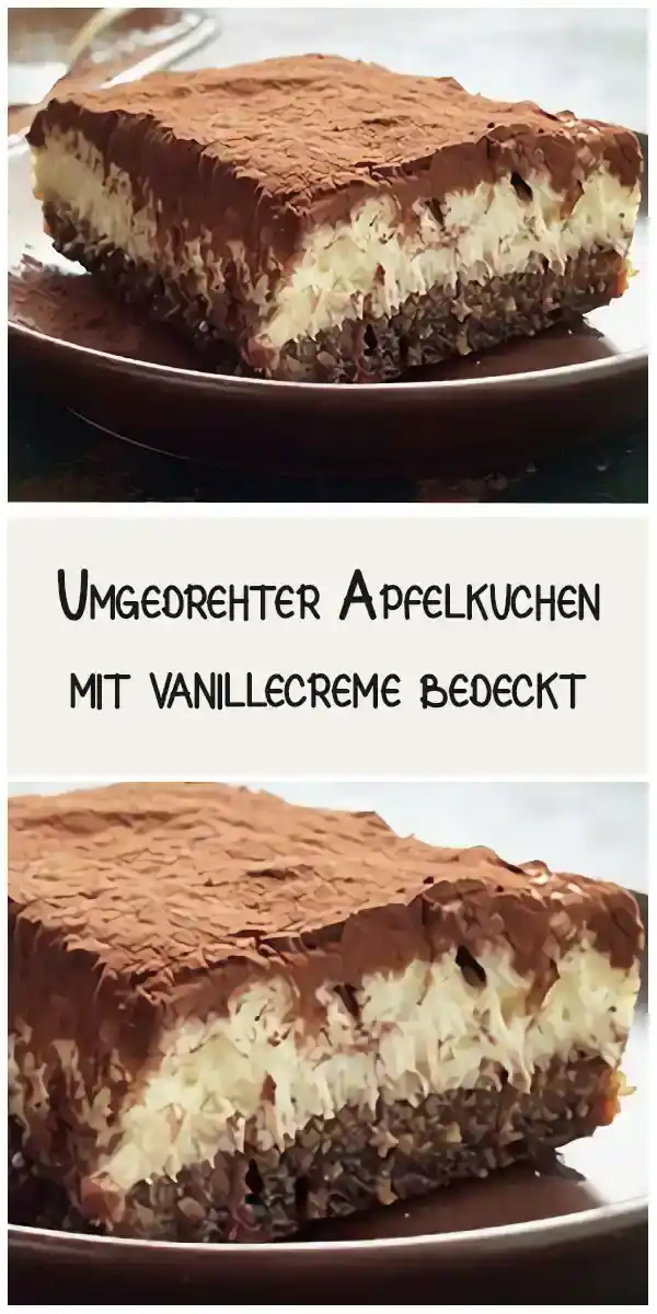 Umgedrehter Apfelkuchen mit vanillecreme bedeckt