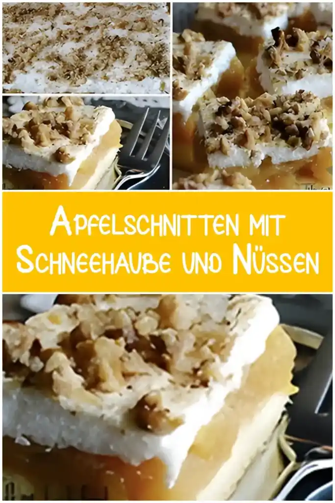 Apfelschnitten mit Schneehaube und Nüssen