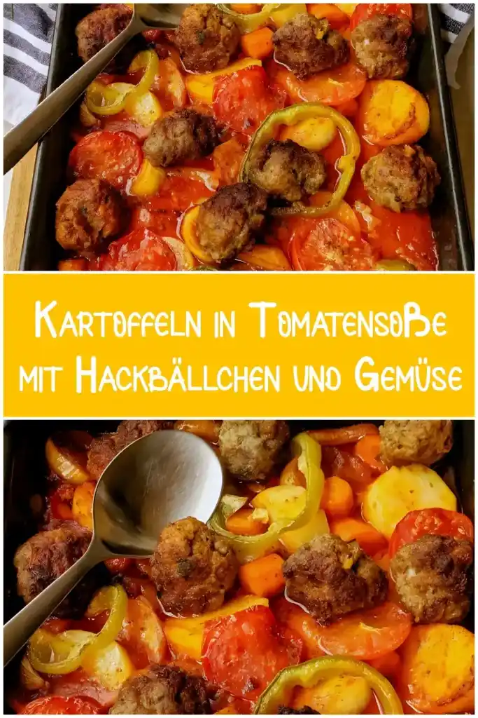 Gebackene Kartoffeln in Tomatensoße mit Hackbällchen und Gemüse